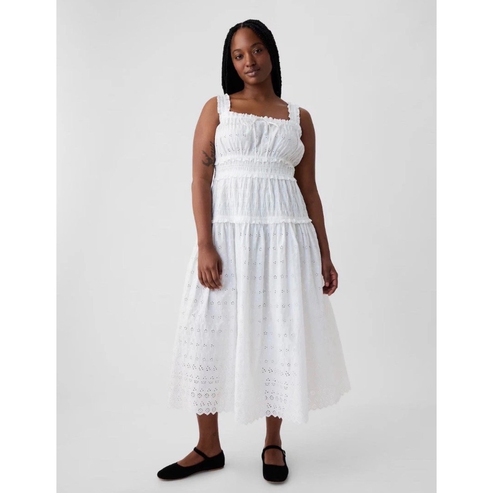 Gap x Doen White Eyelet Smocked Sleeveless Midi Dress Tiered Ruffle Cotton Large